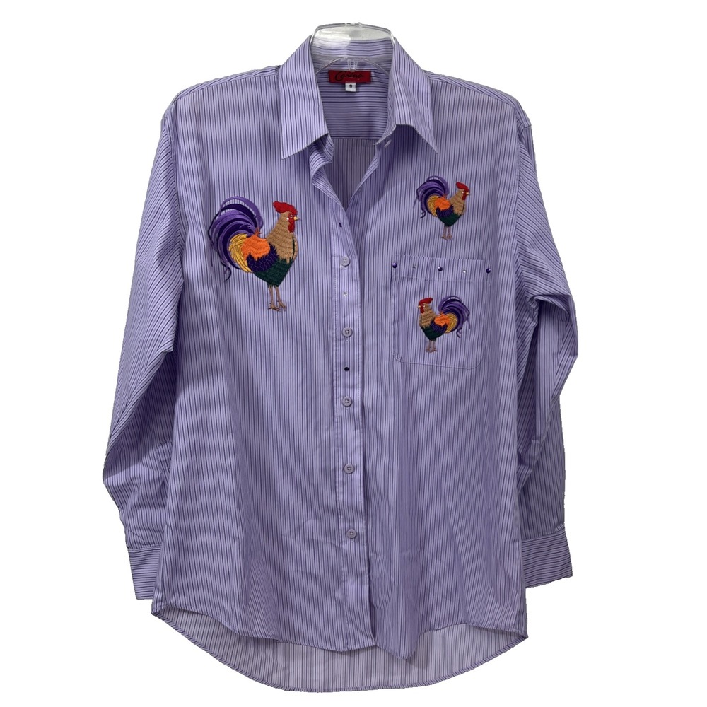 Carina Women's Button Up Shirt Size S Rooster Embroidered Stripe Oversized